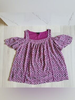Lane Bryant Magenta Geometric Cold-Shoulder Blouse